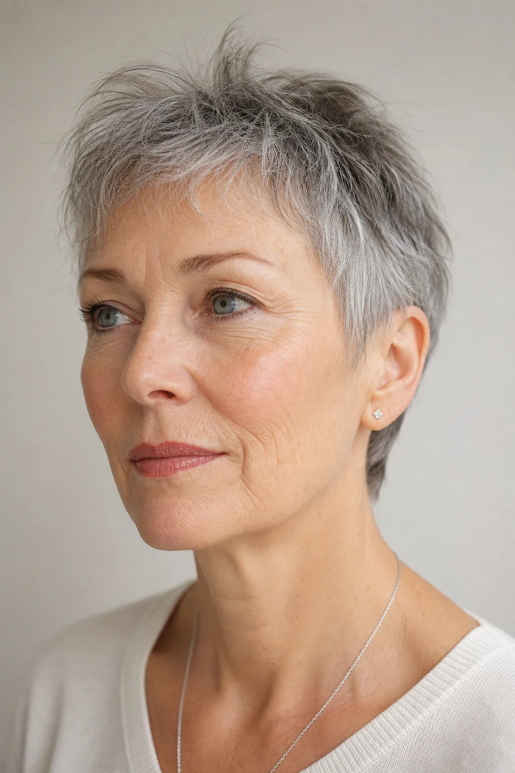 Salt-and-pepper pixie crop with soft texture on mature fine hair