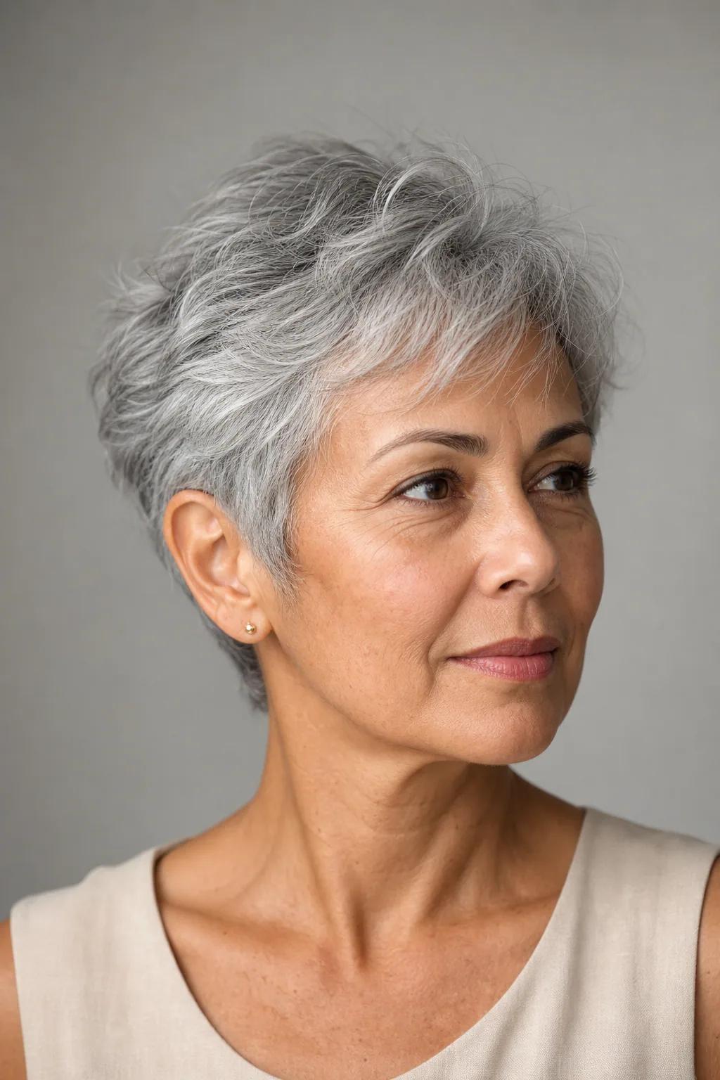 Salt-and-pepper soft crop on mature fine grey thin hair
