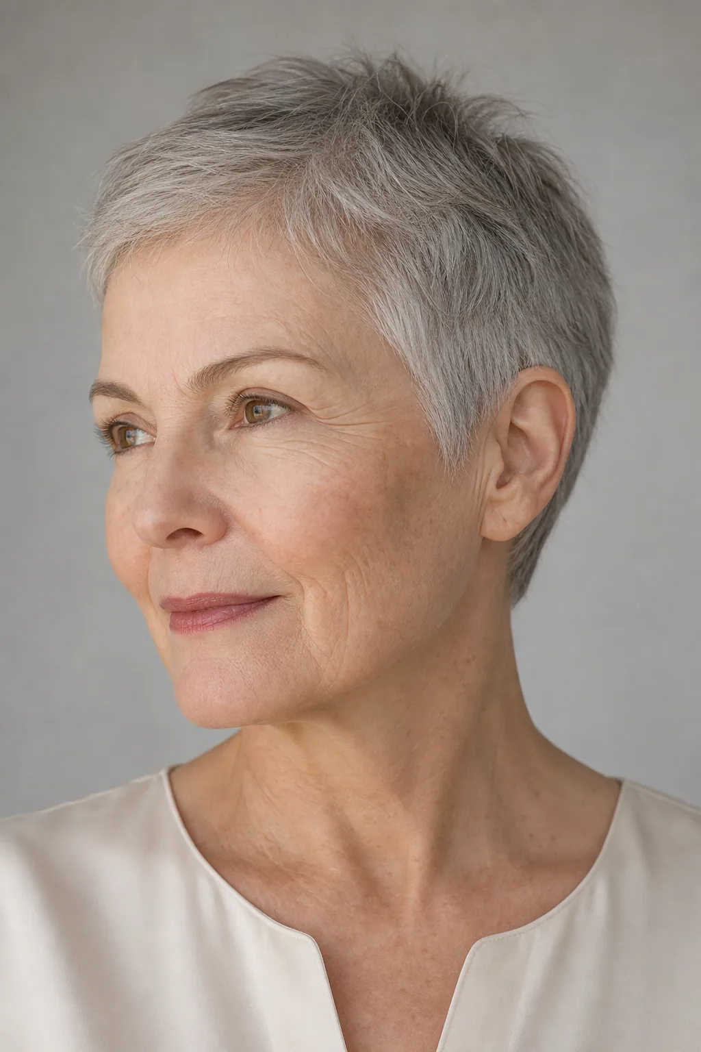 Salt-and-pepper very short crop on fine hair, soft silver at the temples, mature woman, natural light