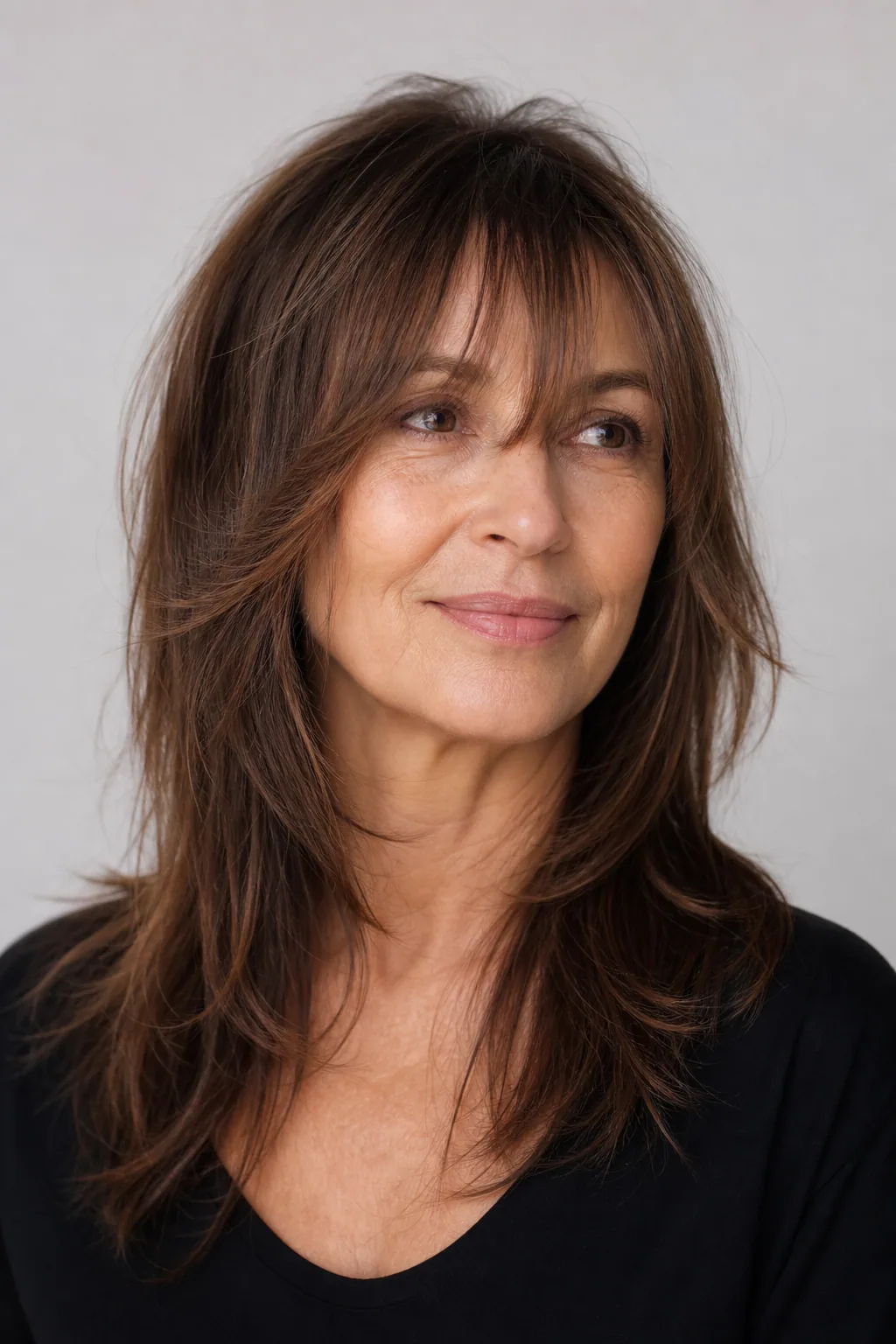 Seamless curtain bangs blended into face-framing layers with no visible fringe line on fine hair
