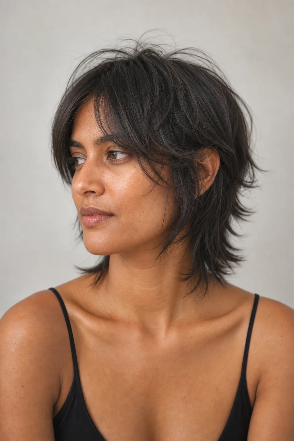 Shag haircut with curtain bangs and choppy layers building crown body on fine hair