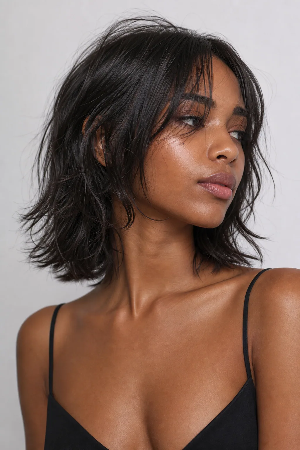 Shag lob hybrid at the shoulder with a weighty hemline and piece-y layers on fine straight hair