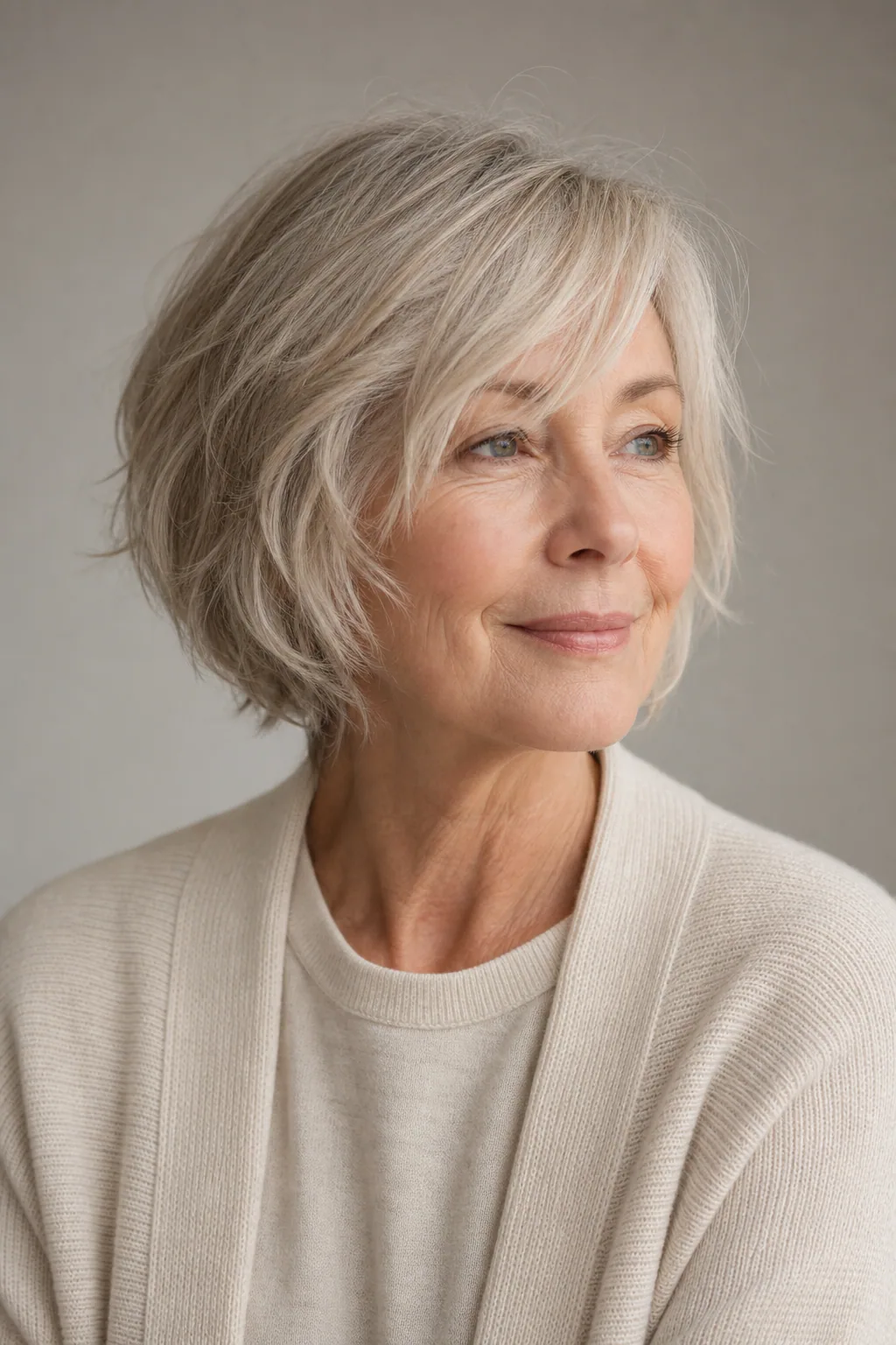 Soft shag with a long side-swept fringe on fine gray-blond hair over 60