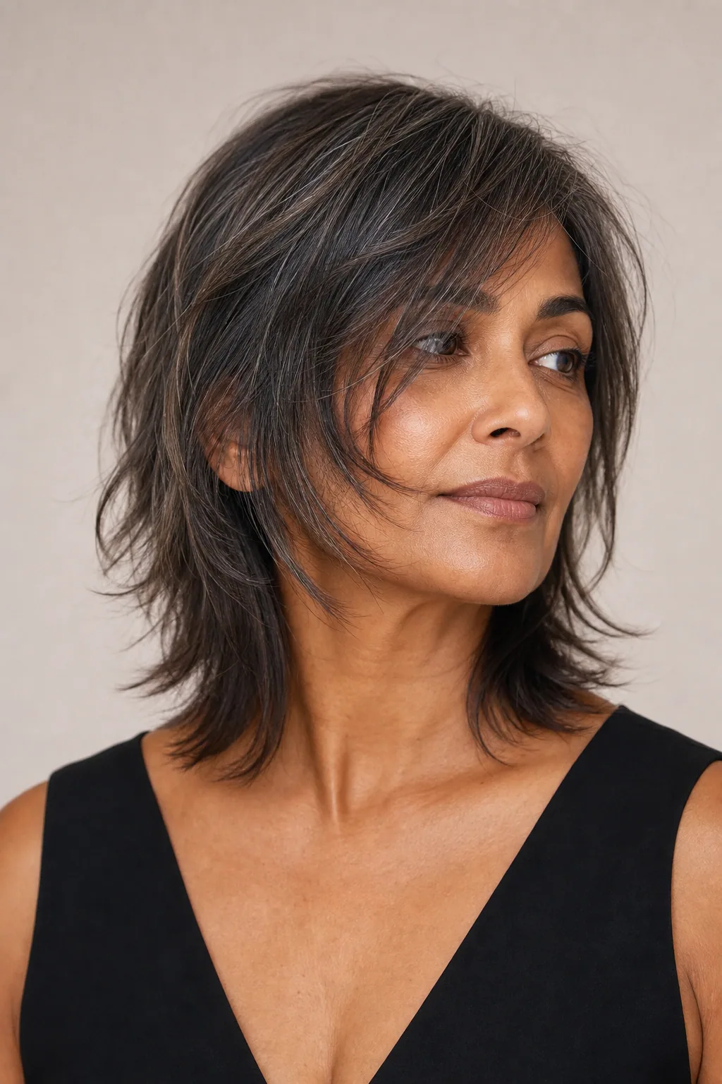 Shag with a long side-swept fringe grazing the cheekbone on fine hair
