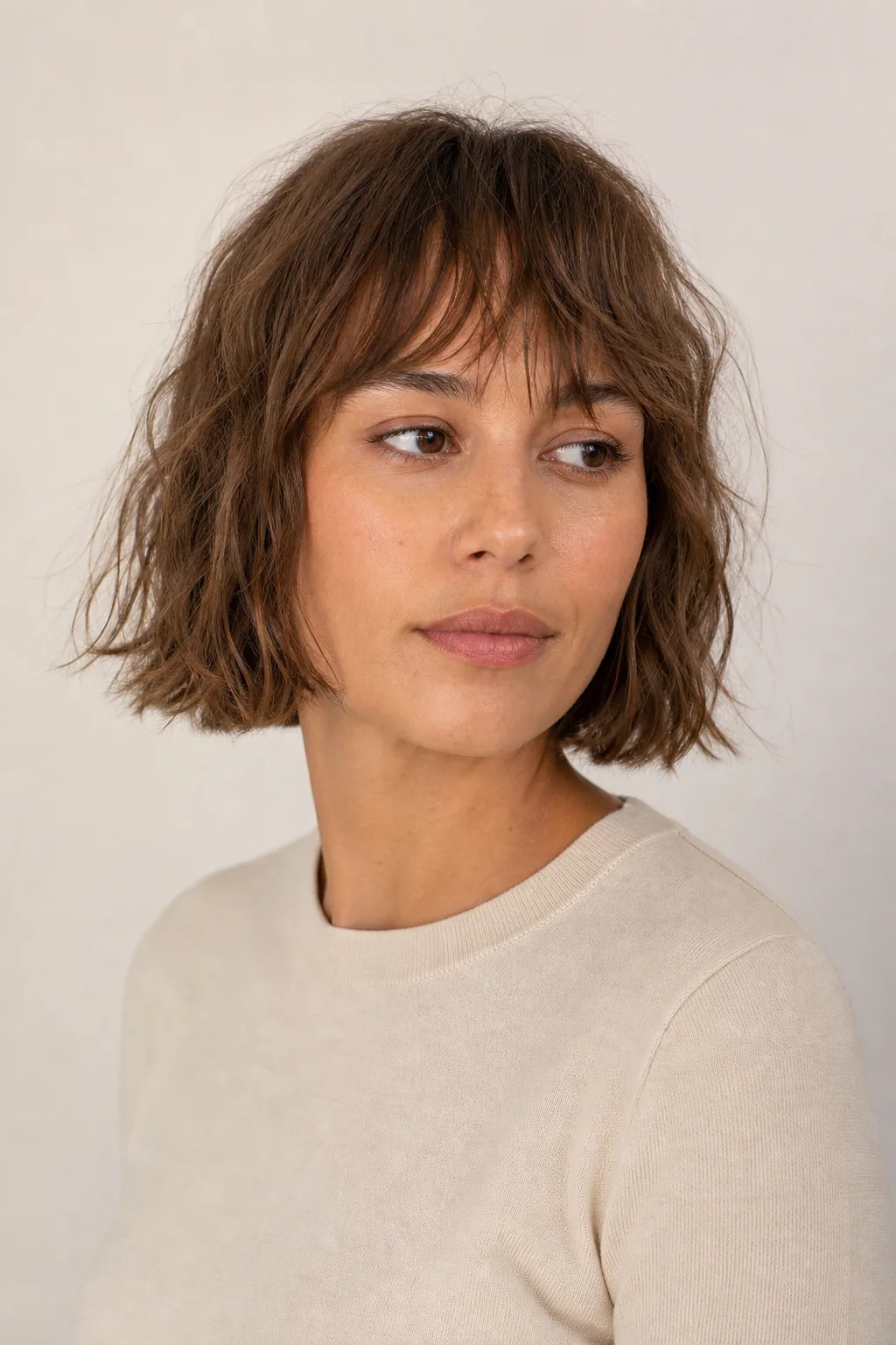 Shaggy bob with piece-y bangs on fine wavy light-brown hair