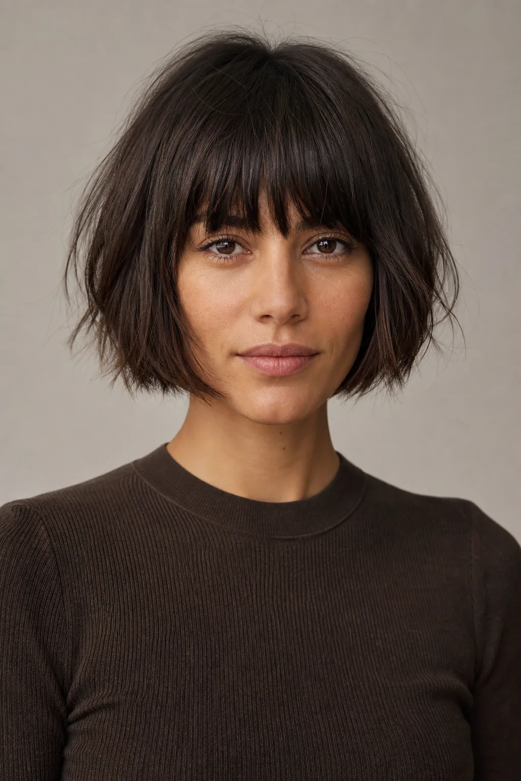 Shaggy bob with a blunt fringe on fine dark-brown hair