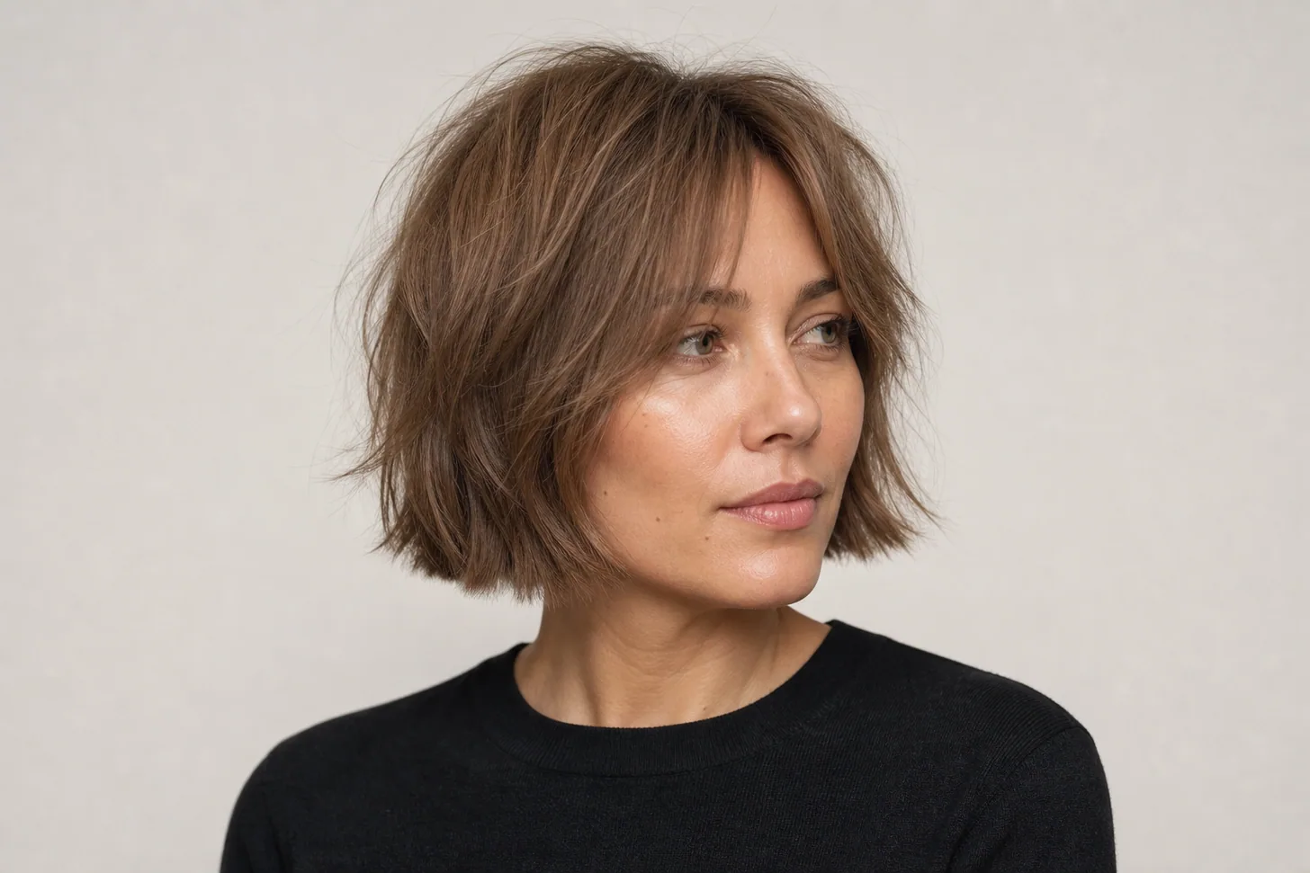 Chin-length shaggy bob with a lifted crown and heavy hem on fine light-brown hair