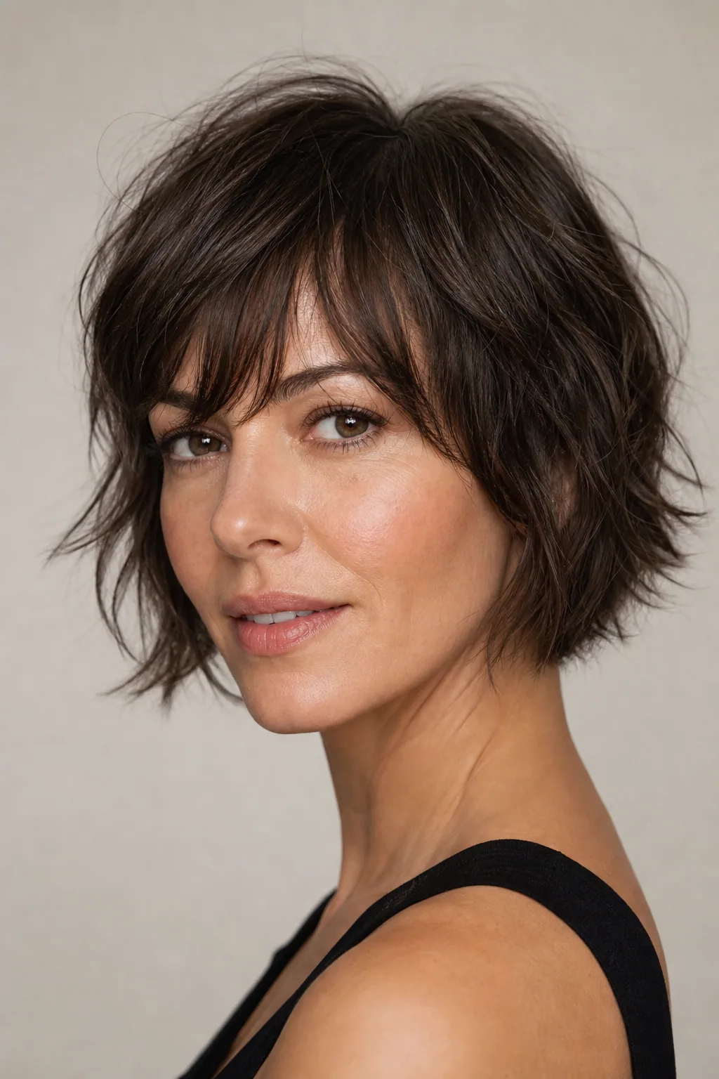 Shaggy bob at jaw length with a choppy crown building height on fine hair