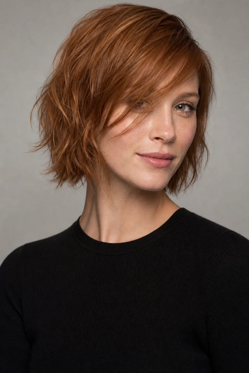 Shaggy bob with long side-swept bangs on fine copper hair