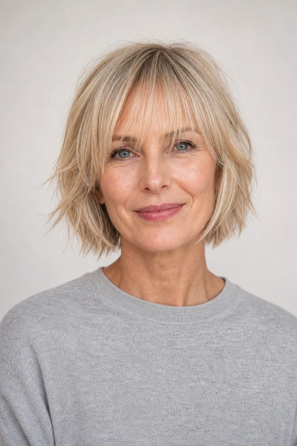 Shaggy bob with soft wispy bangs on fine light-blond hair