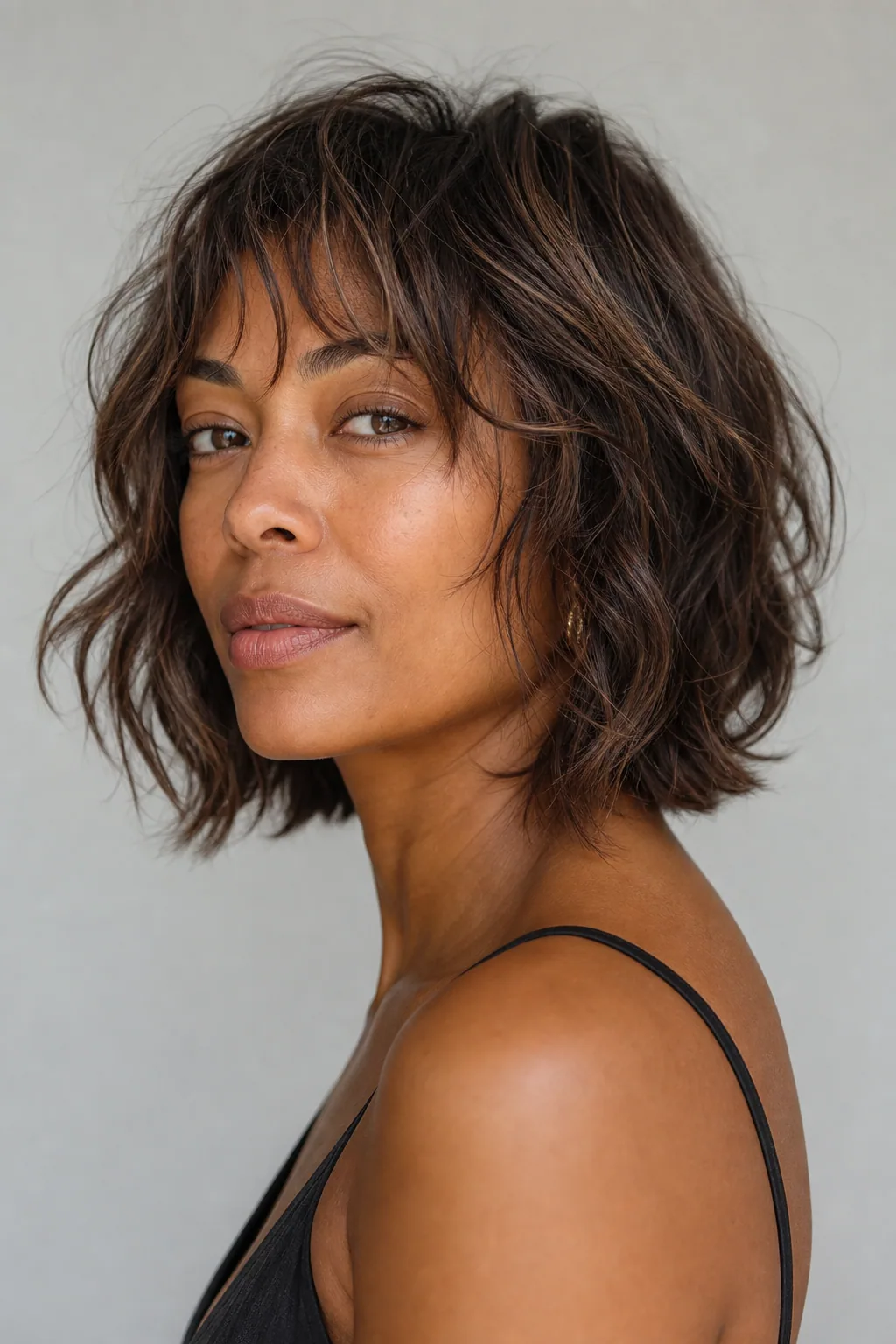 Shaggy layered bob with choppy piece-y crown layers building height on fine wavy hair