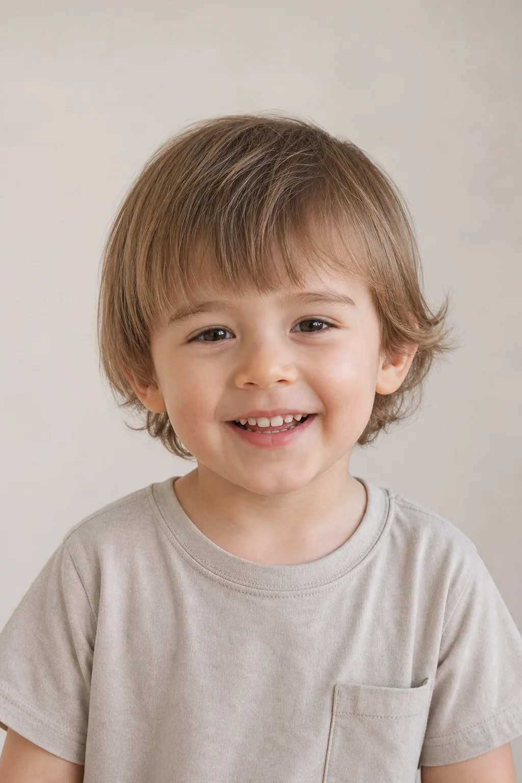 Toddler boy with a short shaggy mop on fine light-brown hair