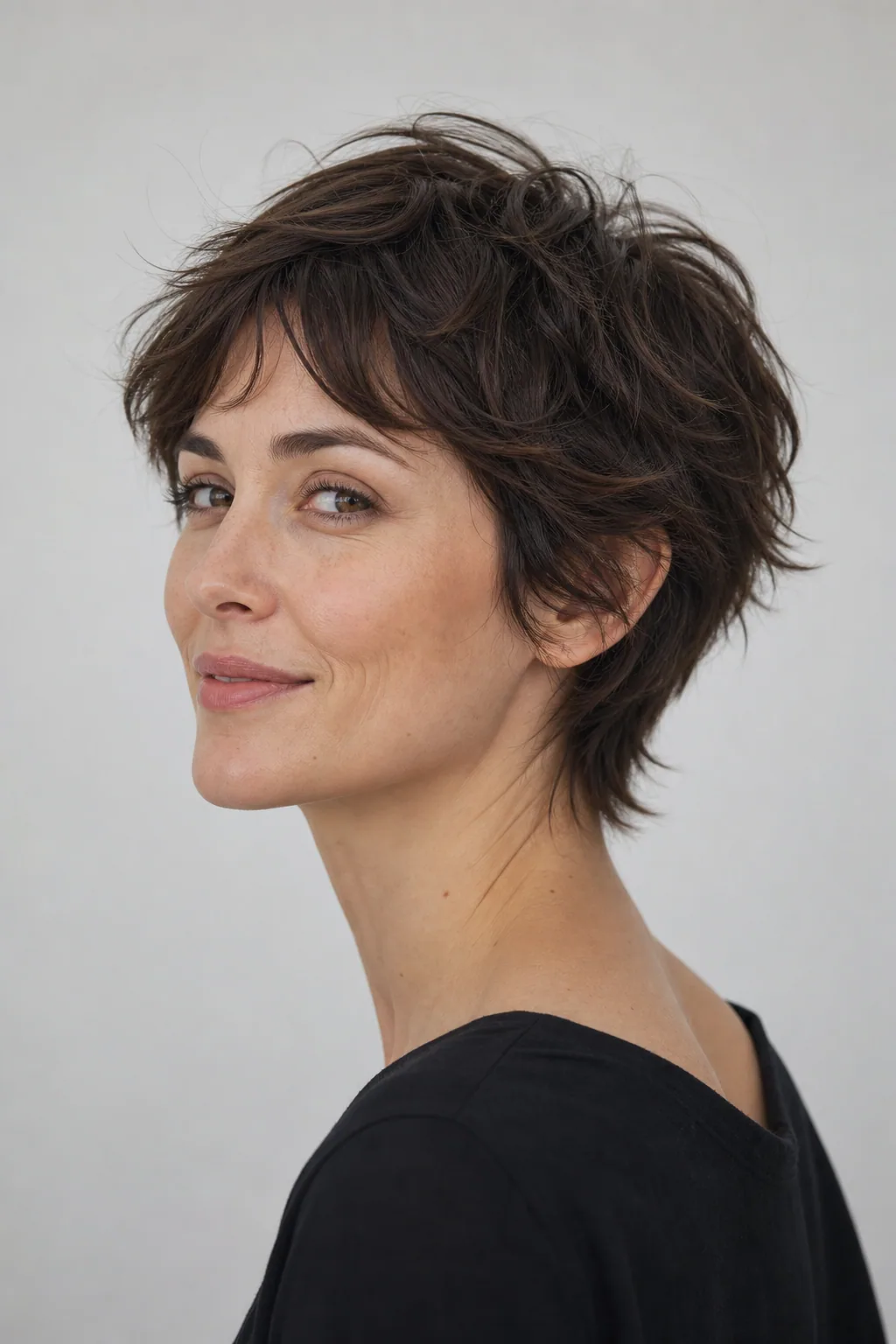 Shaggy pixie with choppy crown layers and a wispy nape adding height on fine hair