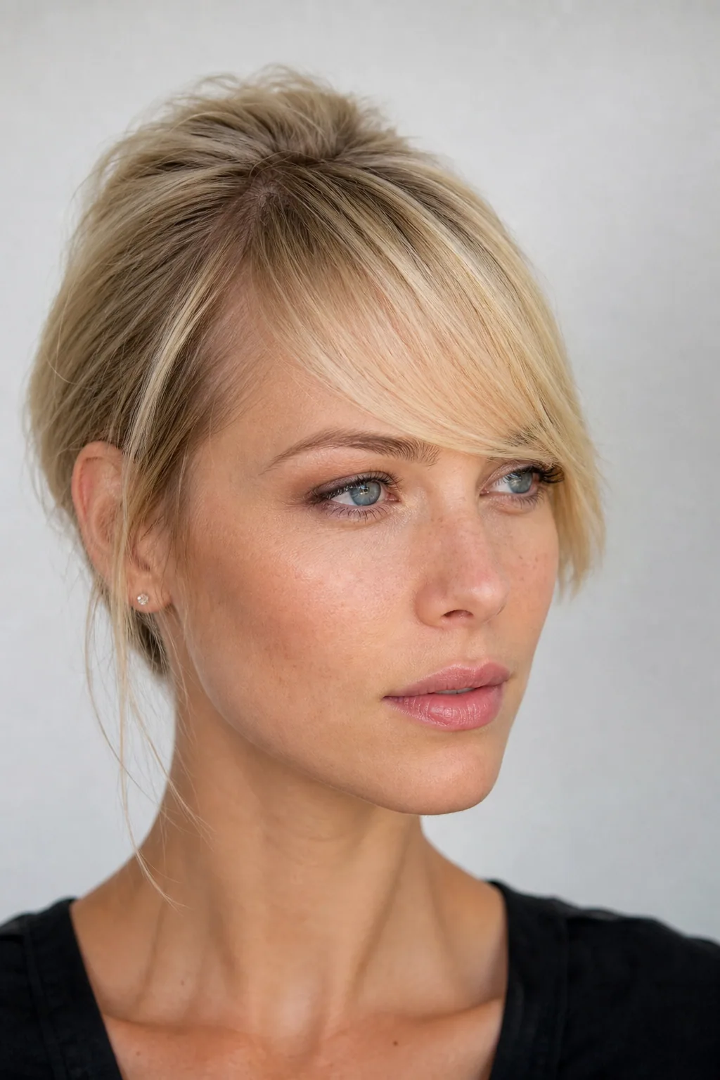 Close crop showing a shallow, narrow side-swept fringe with the crown behind it still looking full, fine blonde hair