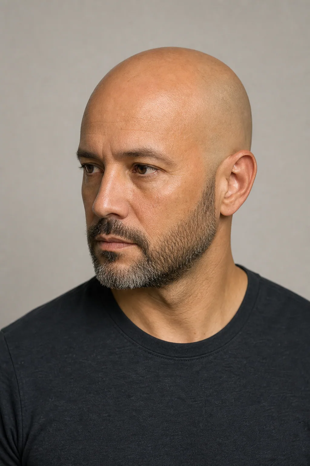 Clean shaved head with a short trimmed beard