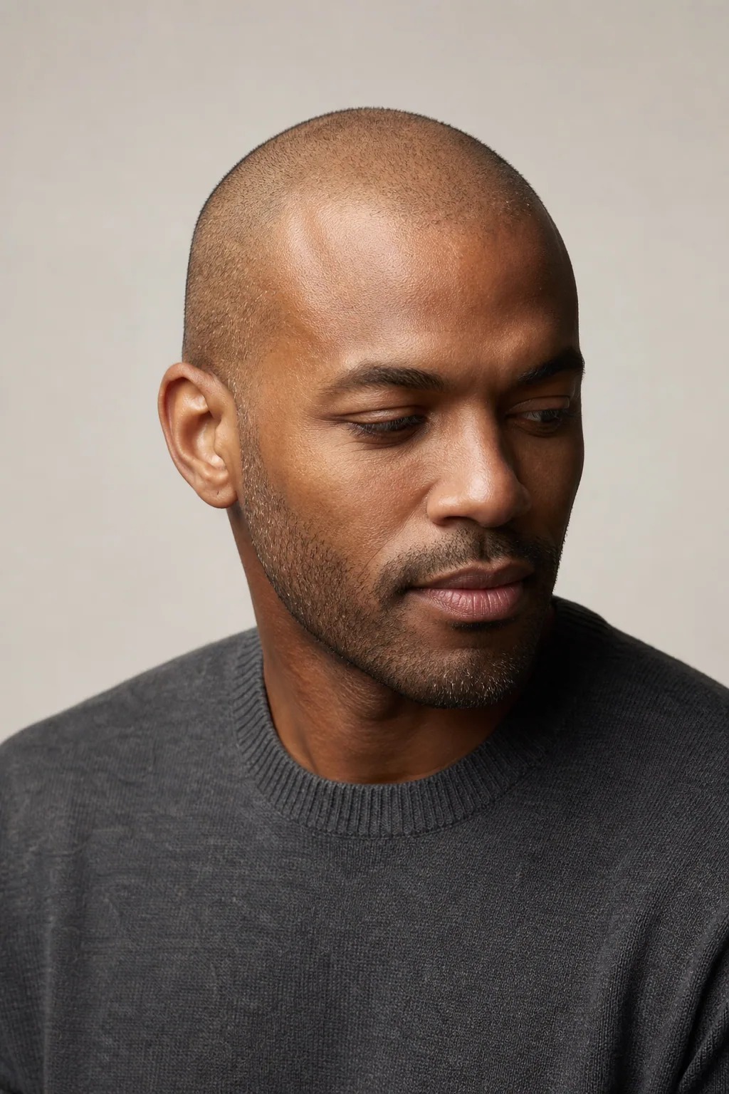Clean shaved head with short stubble on a man in his thirties