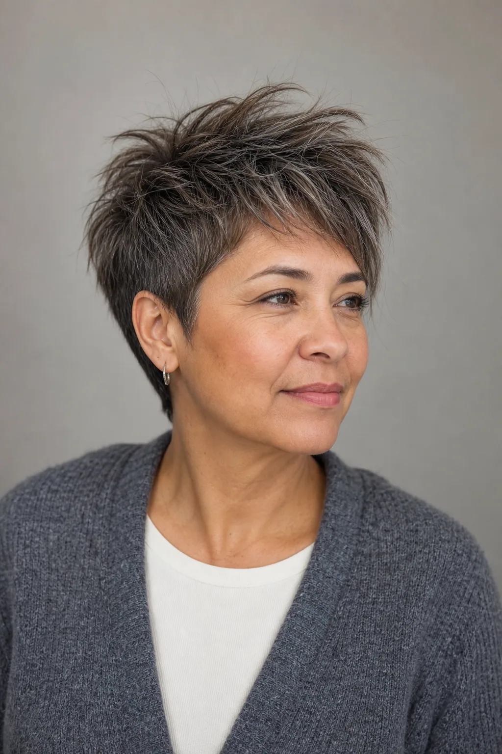 Shixie shag pixie with a lifted top on fine brown hair with silver, over 50