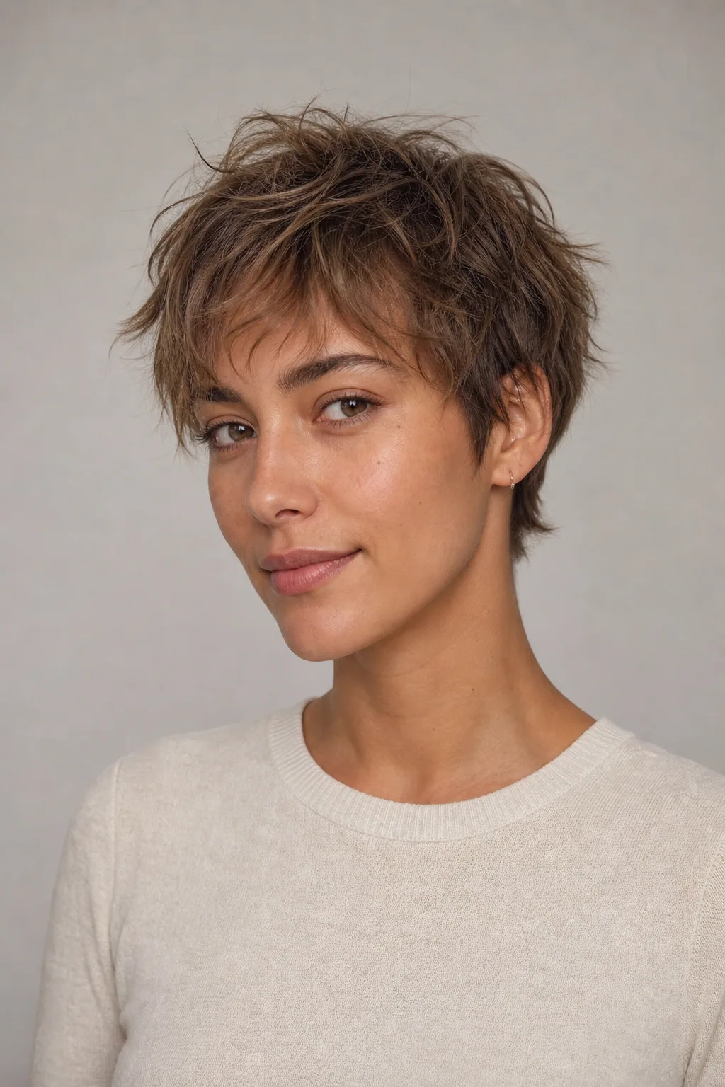Shixie shag pixie with tousled layers on fine light-brown hair