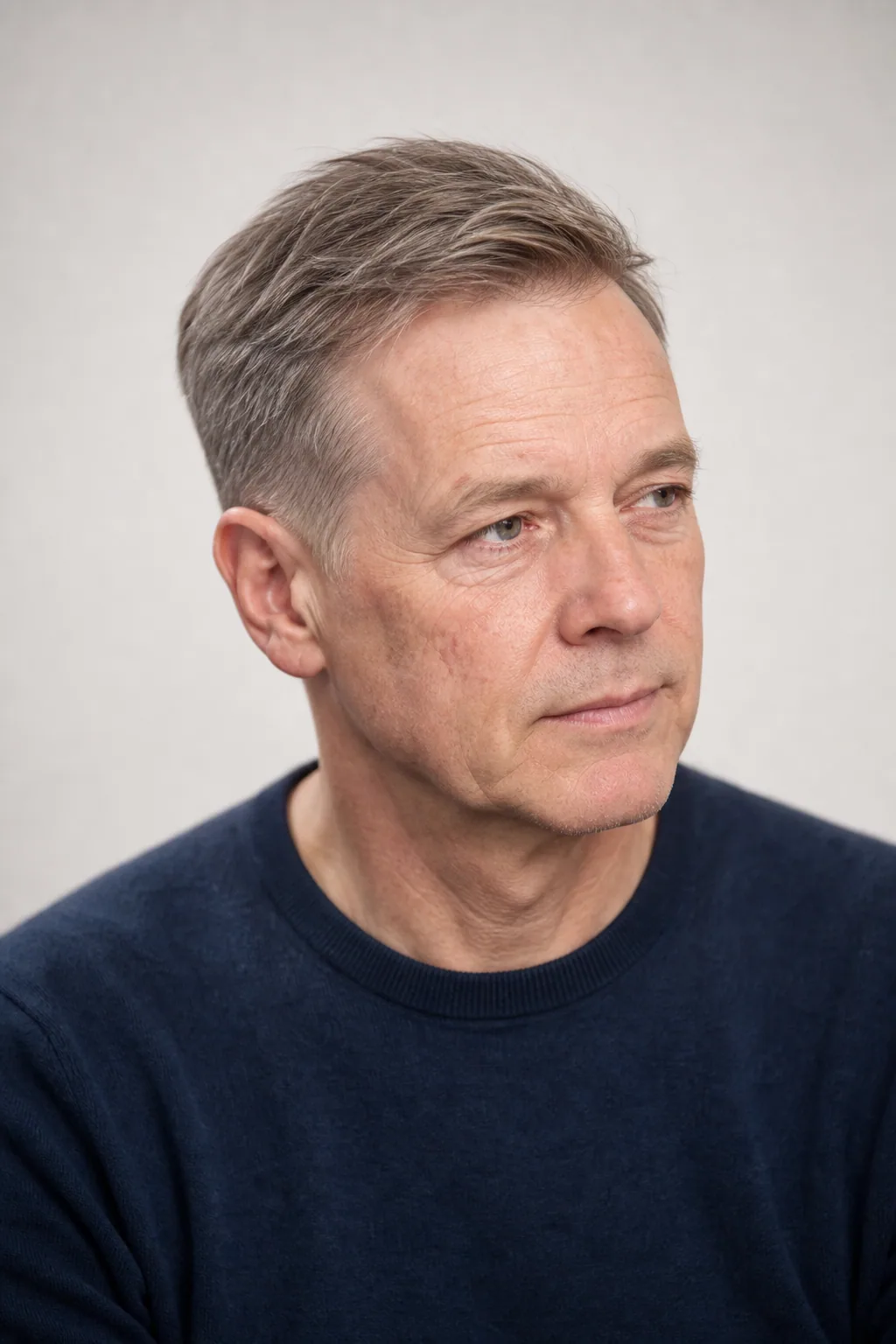 Classic short back and sides on a man with fine, thin grey-brown hair