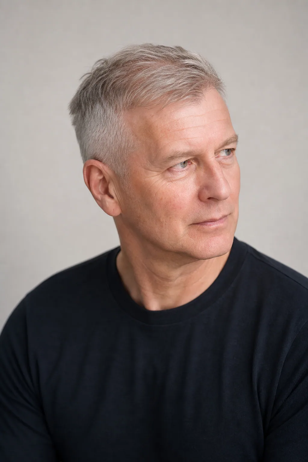 Classic short back and sides on a man with thinning grey hair