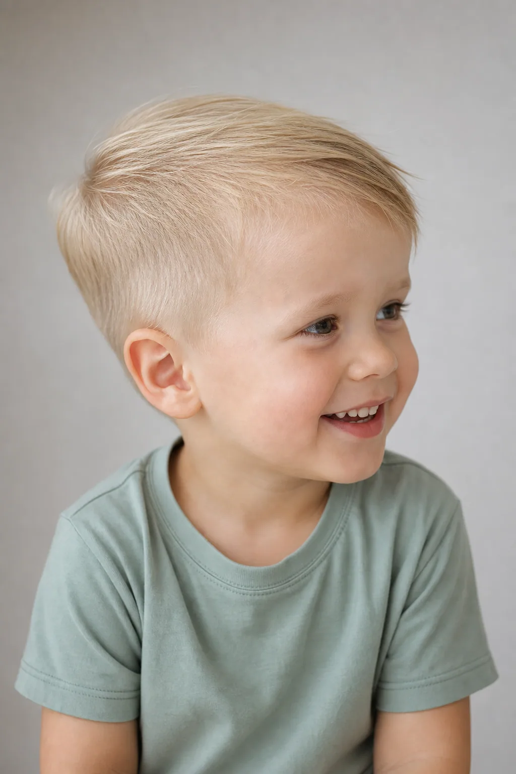 Toddler boy with a short back and sides and a slightly longer top on fine blond hair