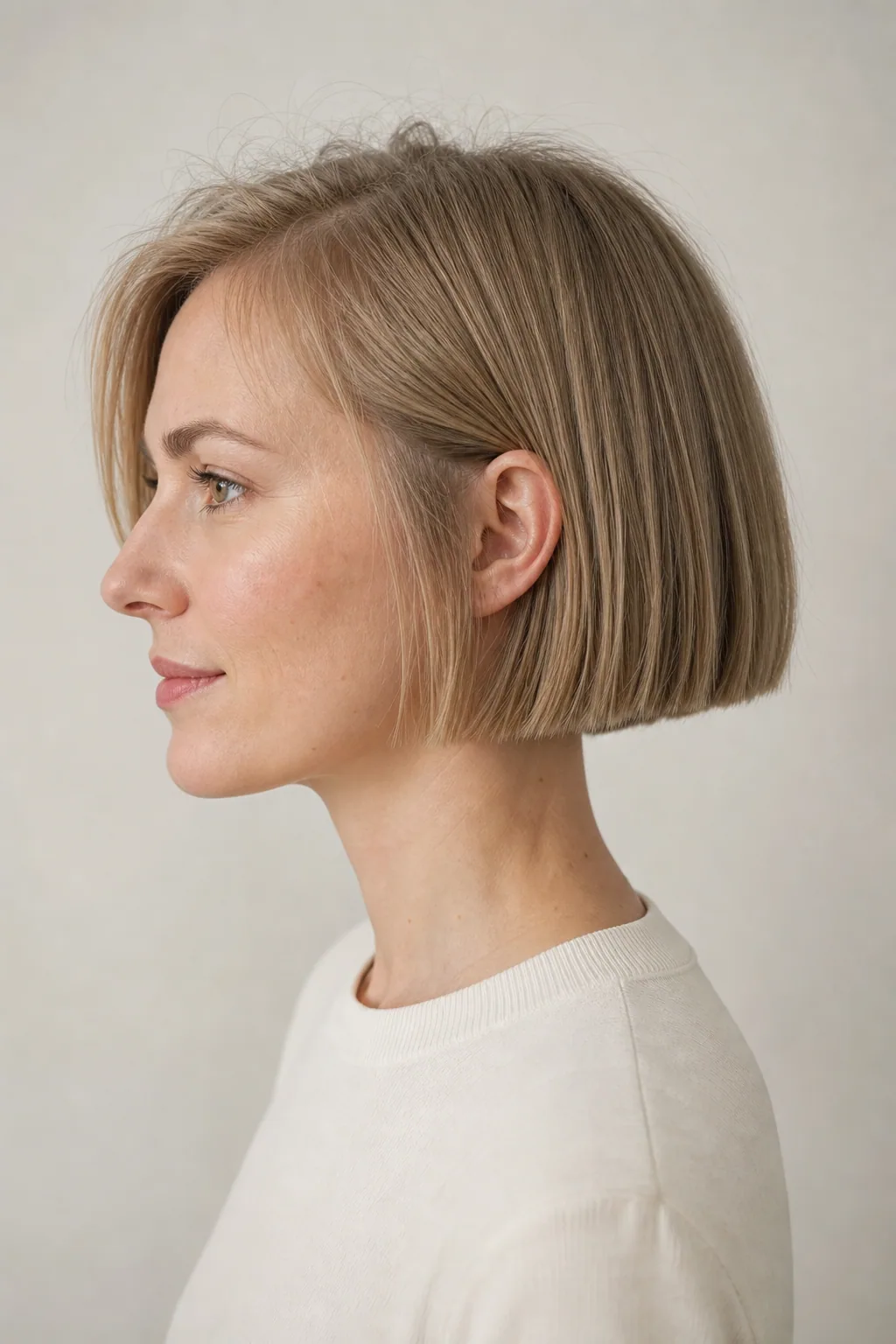 Short blunt bob just below the ear on fine dark-blond hair