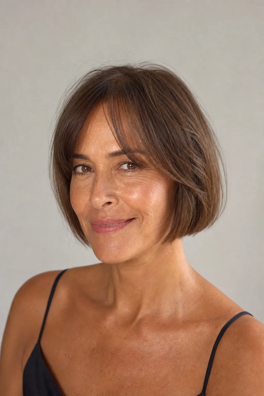 Short bob with soft center-swept curtain bangs on fine thin hair