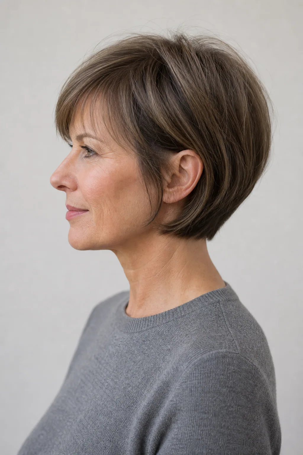 Short bob with a lifted crown on fine ash-brown hair