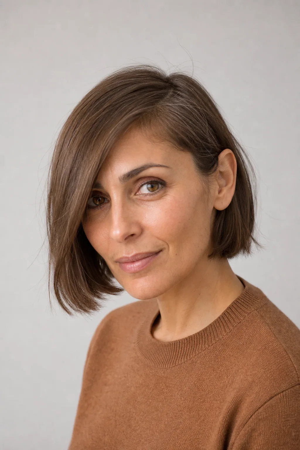 Short bob with a deep side part and swooped front on fine brown hair