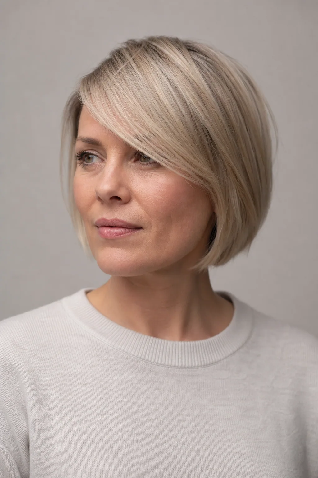 Short bob with long side-swept bangs on fine ash-blond hair