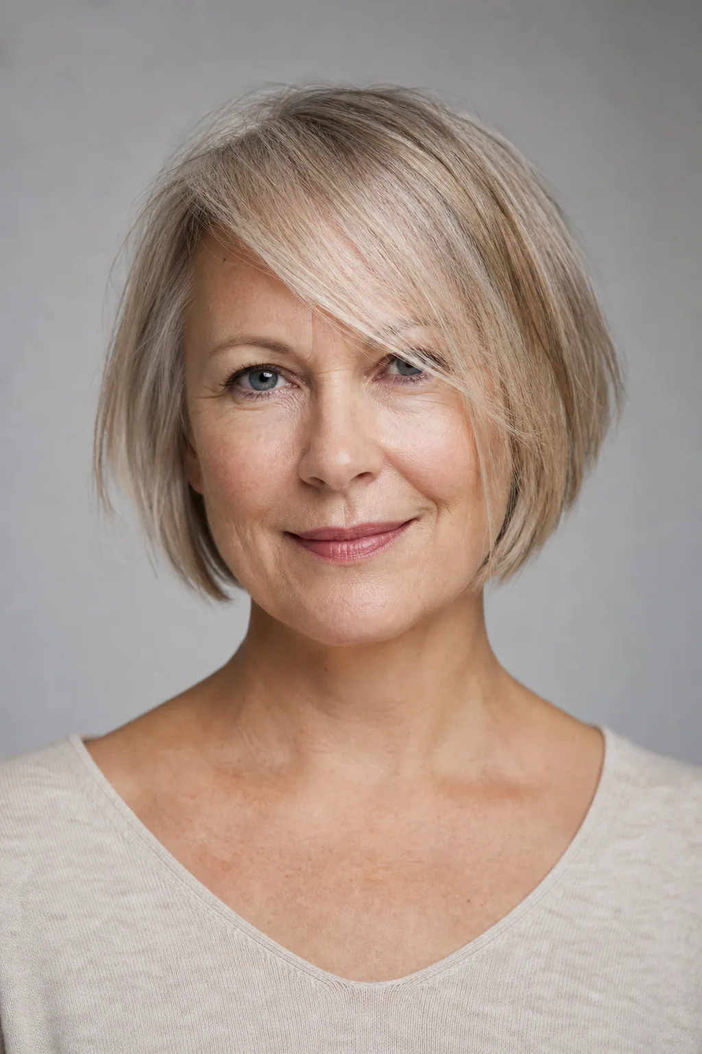 Short bob with a side-swept fringe grazing the cheekbone on fine thin hair