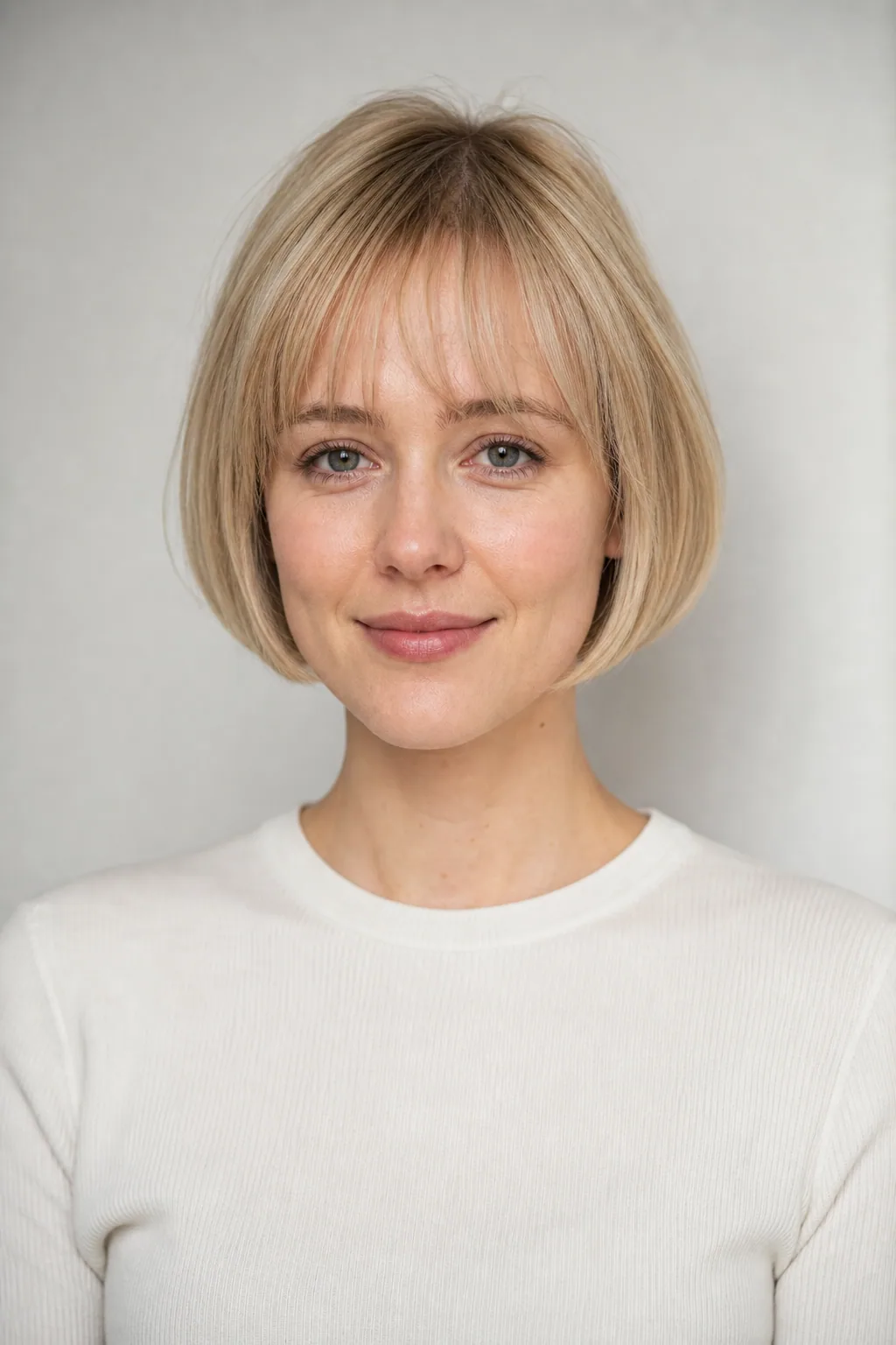 Short bob with wispy see-through bangs on fine honey-blond hair
