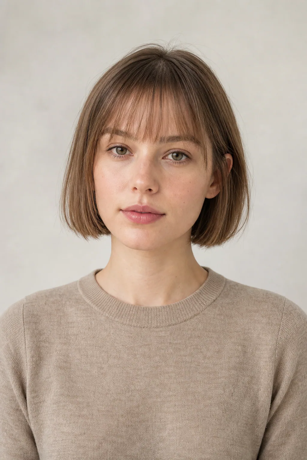 Chin-length short bob with wispy bangs on fine light-brown hair