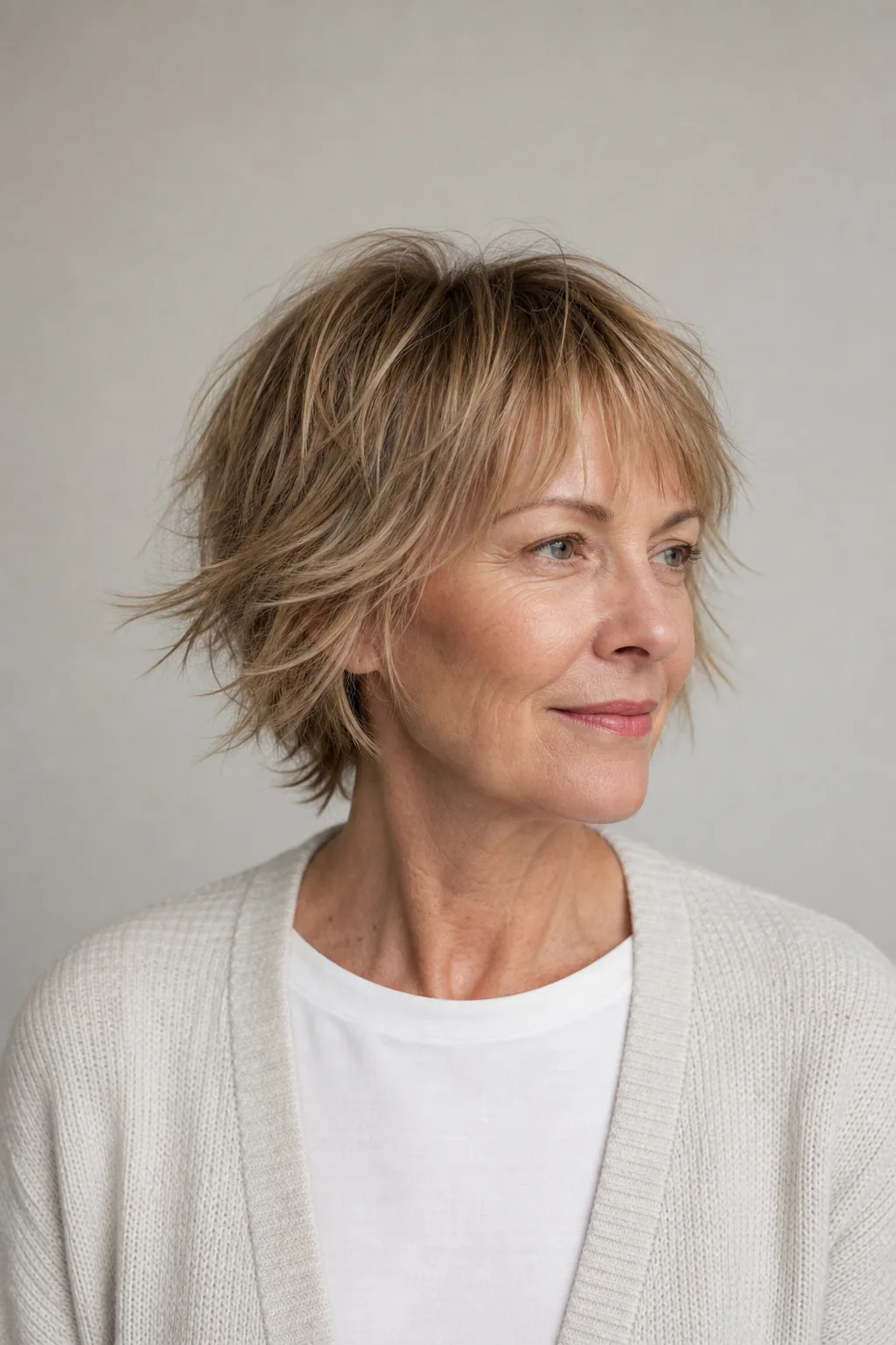 Short choppy shag with piece-y ends on fine dark-blond hair over 50