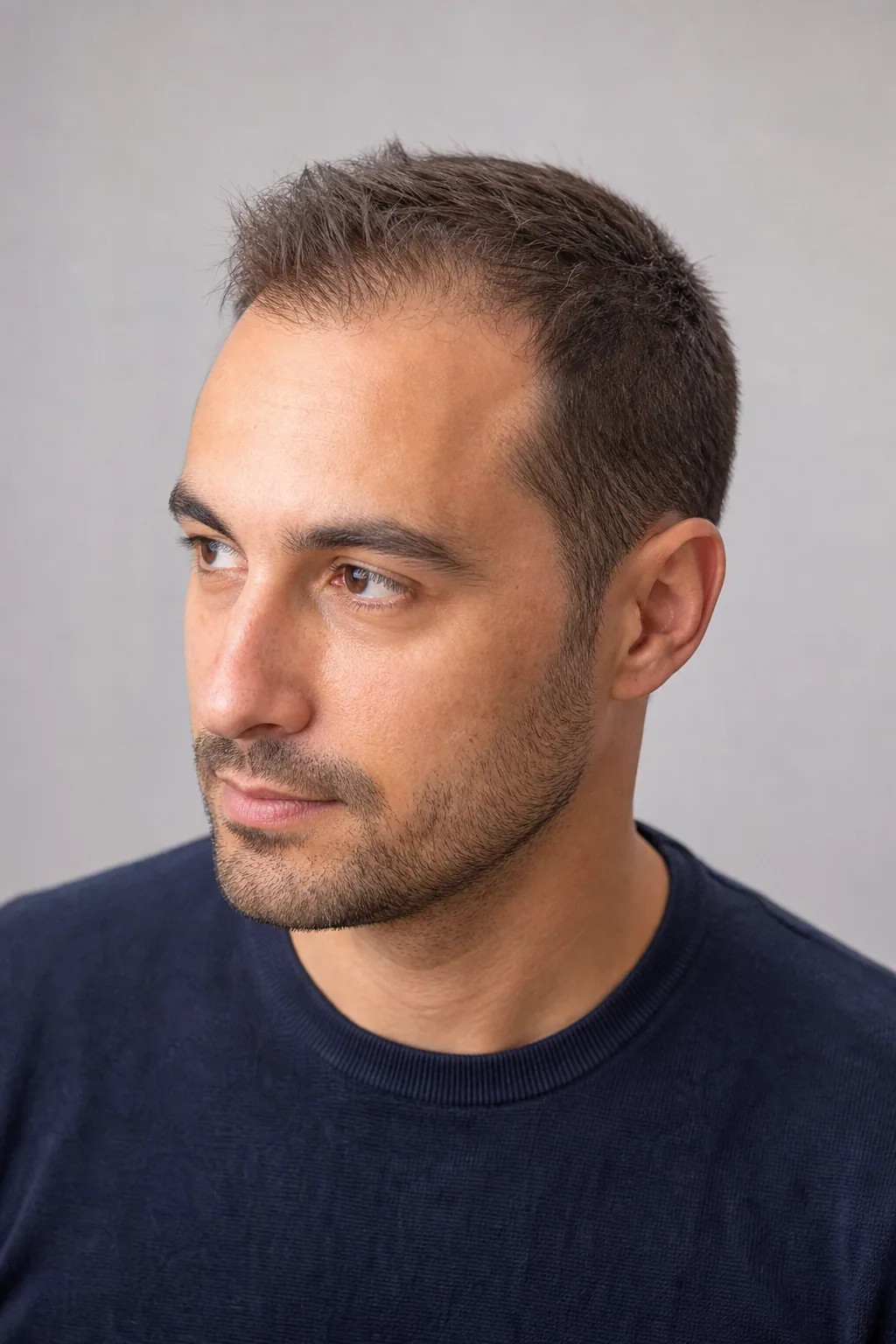 Short crew cut on a man with receding temples