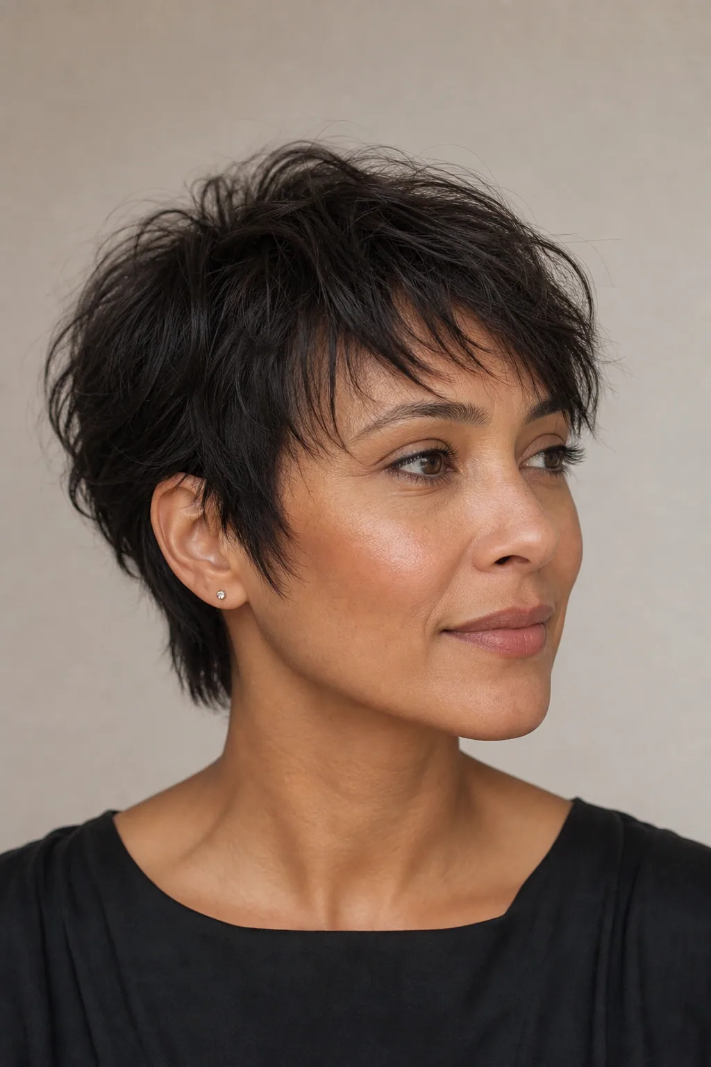 Short crop shag with choppy crown layers holding height on fine thin hair