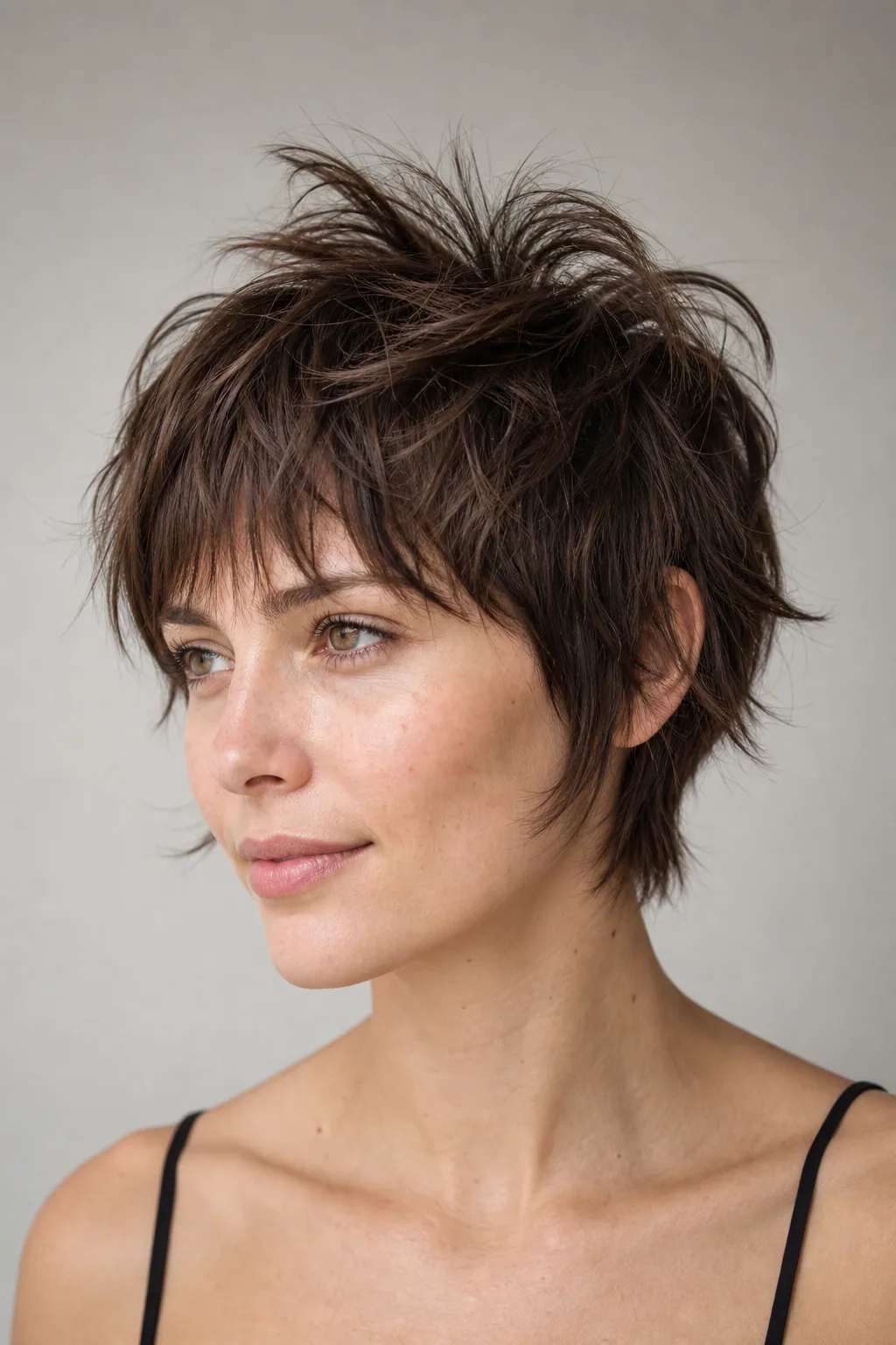 Short crop shag with choppy crown layers and a wispy fringe holding height on fine hair