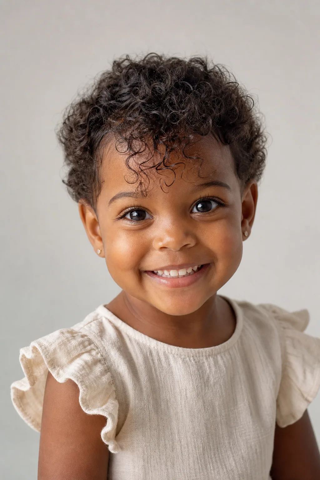 Little girl with a short tousled curly crop on fine dark-brown hair