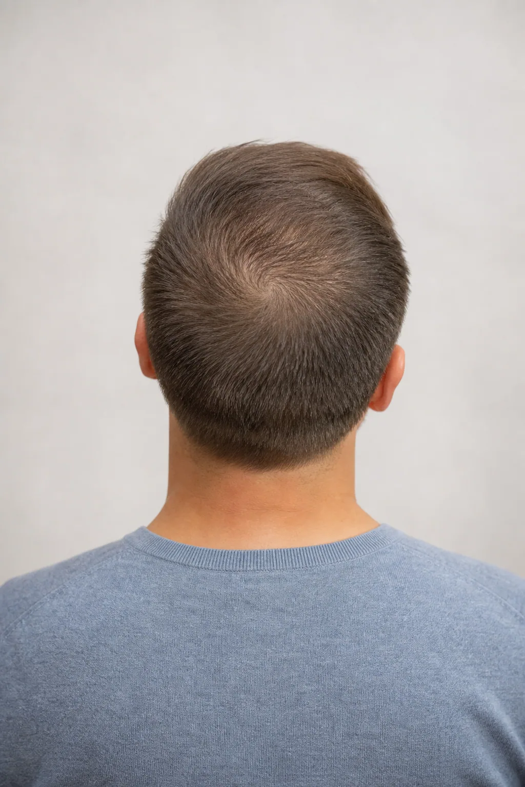 Back view of a short cut that keeps the crown very short on thinning hair