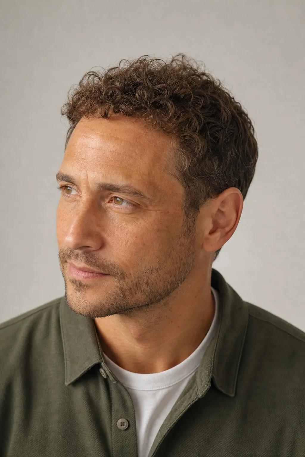 Short curly crop on a man with thin curly brown hair