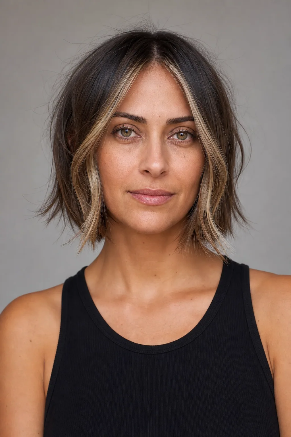 Short cut with money-piece face-framing highlights adding dimension on fine thin hair