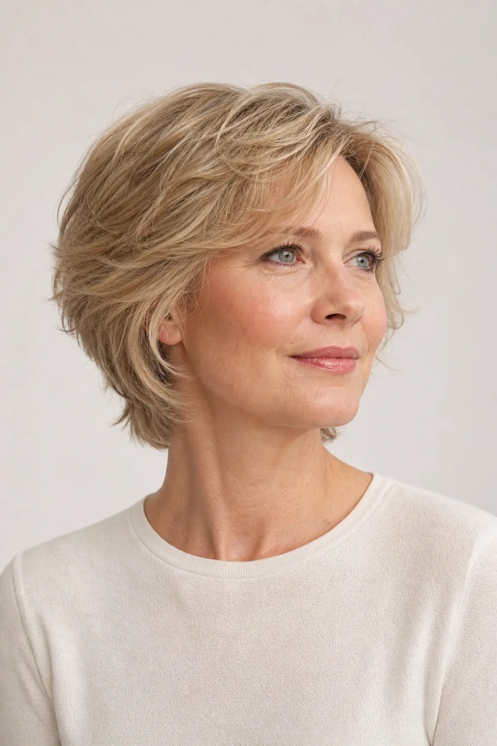 Short feathered cut with swept-back pieces on fine medium-blond hair