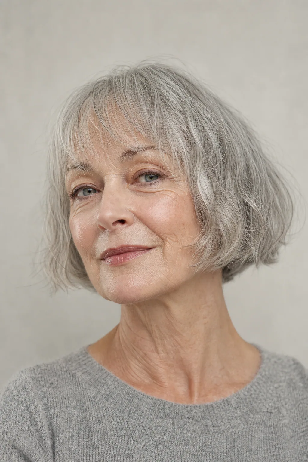 Short French bob with a soft fringe on fine wavy thin grey hair over 60