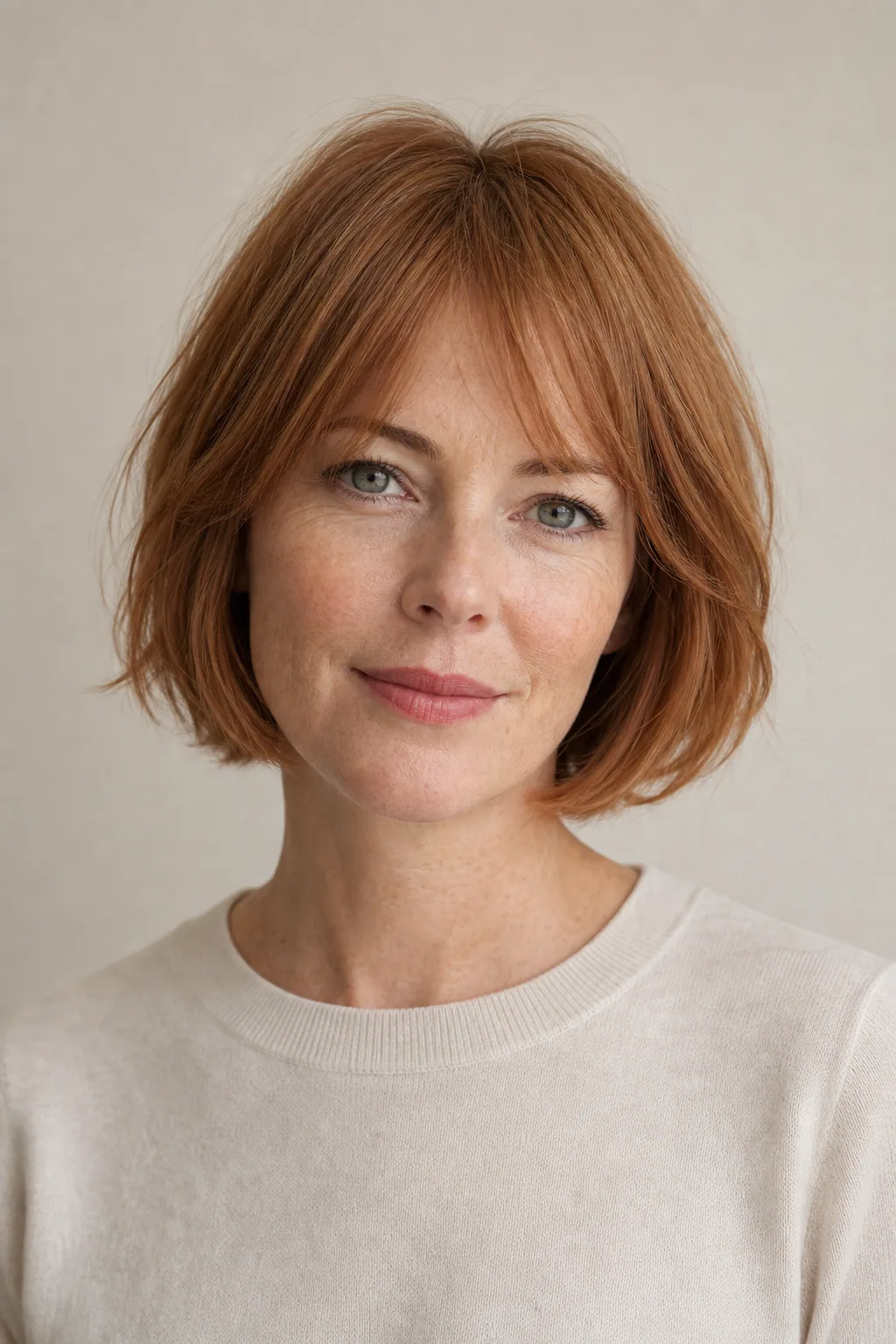 Short layered bob with a full hem on fine auburn hair