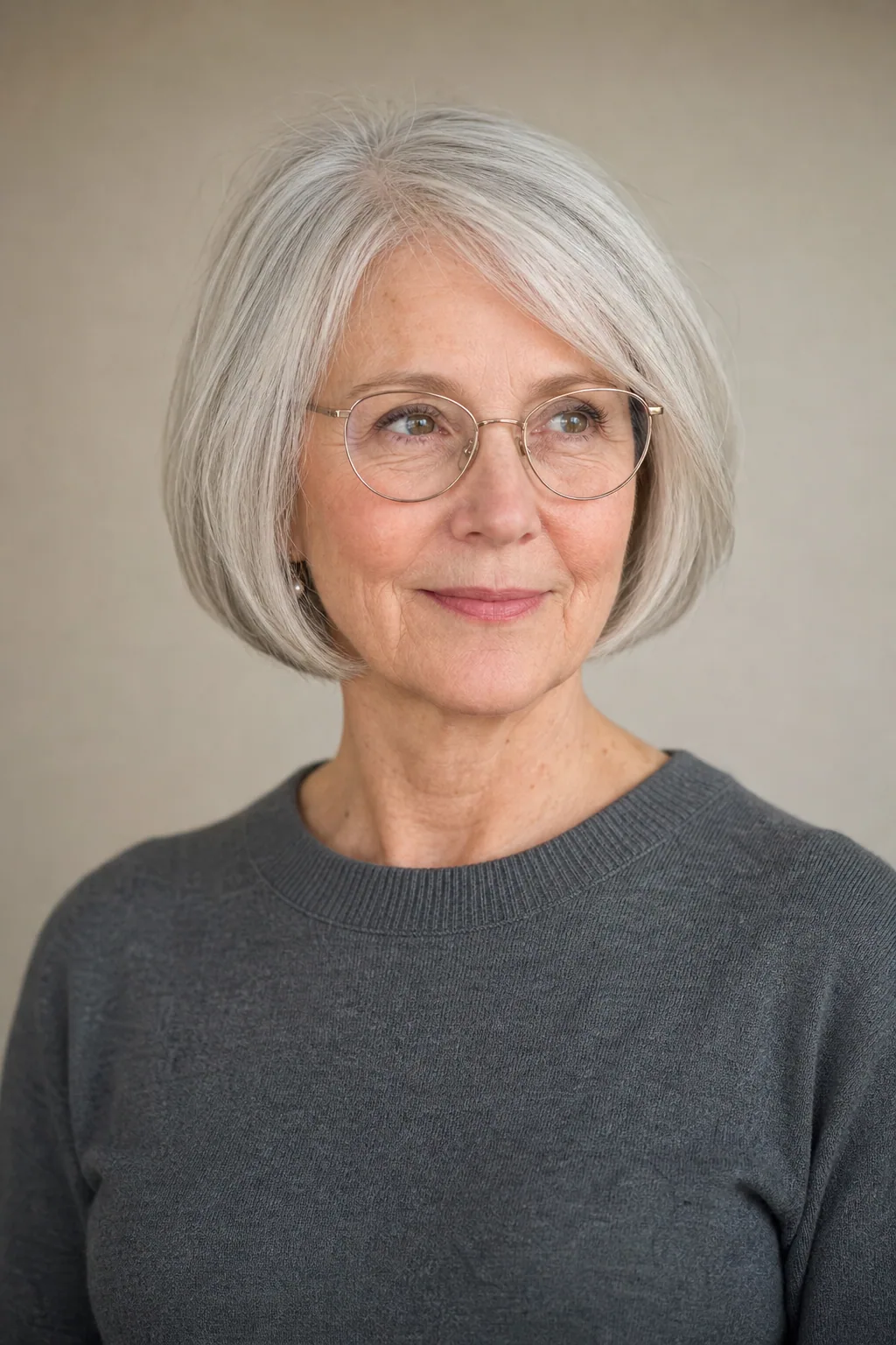 Short layered bob on fine grey hair over 60 with glasses