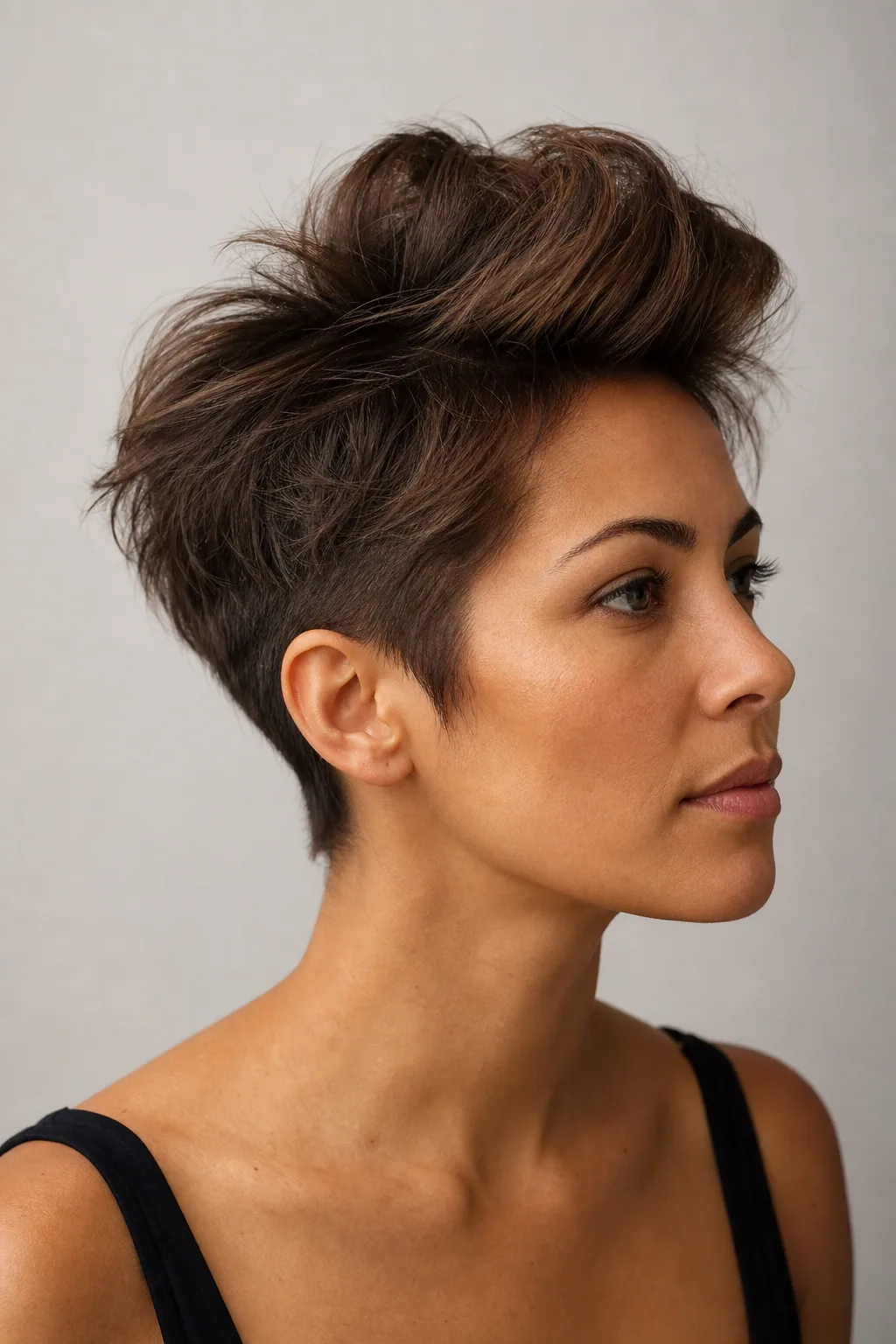 Pixie with a lifted front quiff building height at the crown on fine thin hair