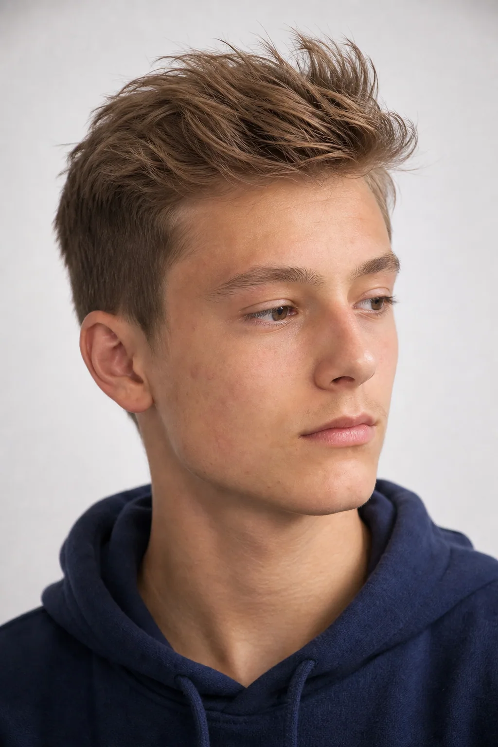 Teenage boy with a short, messy quiff on thin hair
