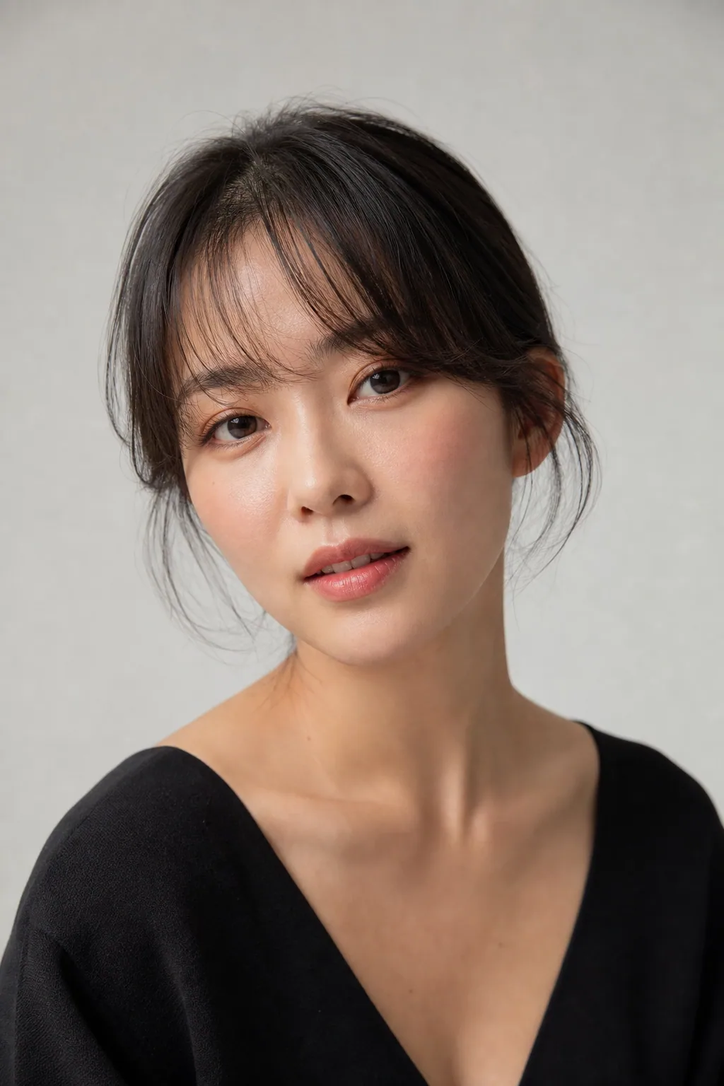 Short micro curtain bangs at eyebrow length kept airy and separated on fine hair