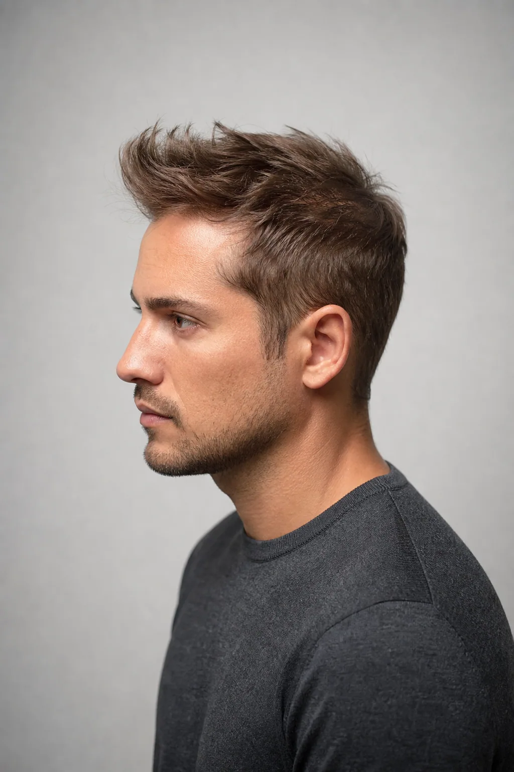 Short matte textured quiff with lifted front on thin brown hair