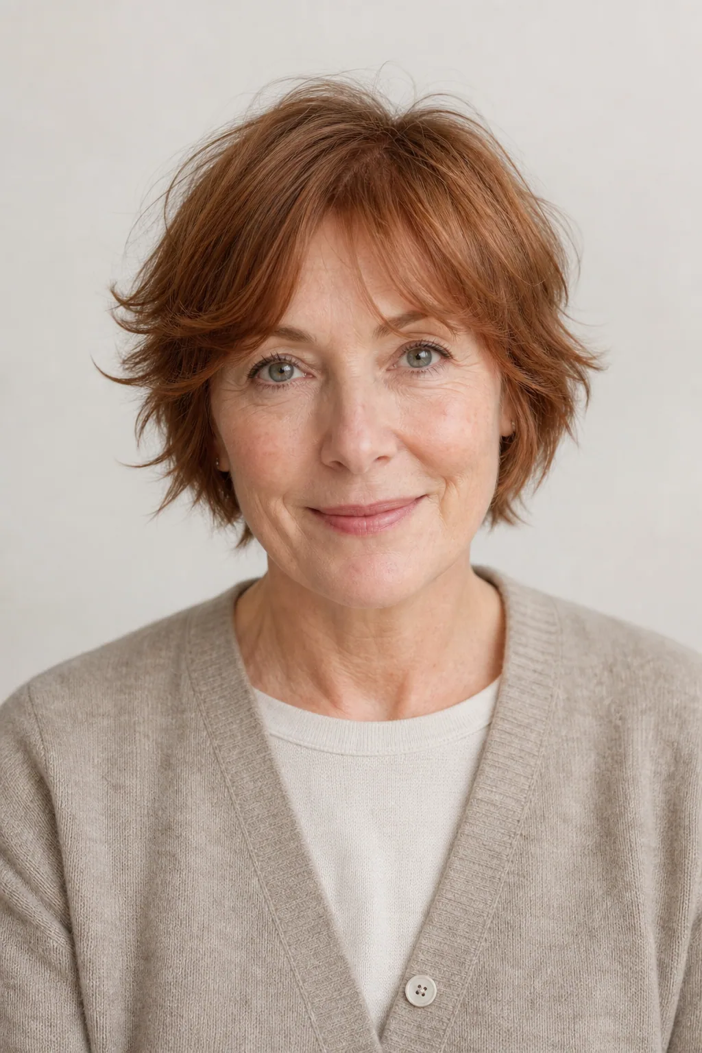 Short jaw-length shag with a curtain fringe on fine auburn hair over 50